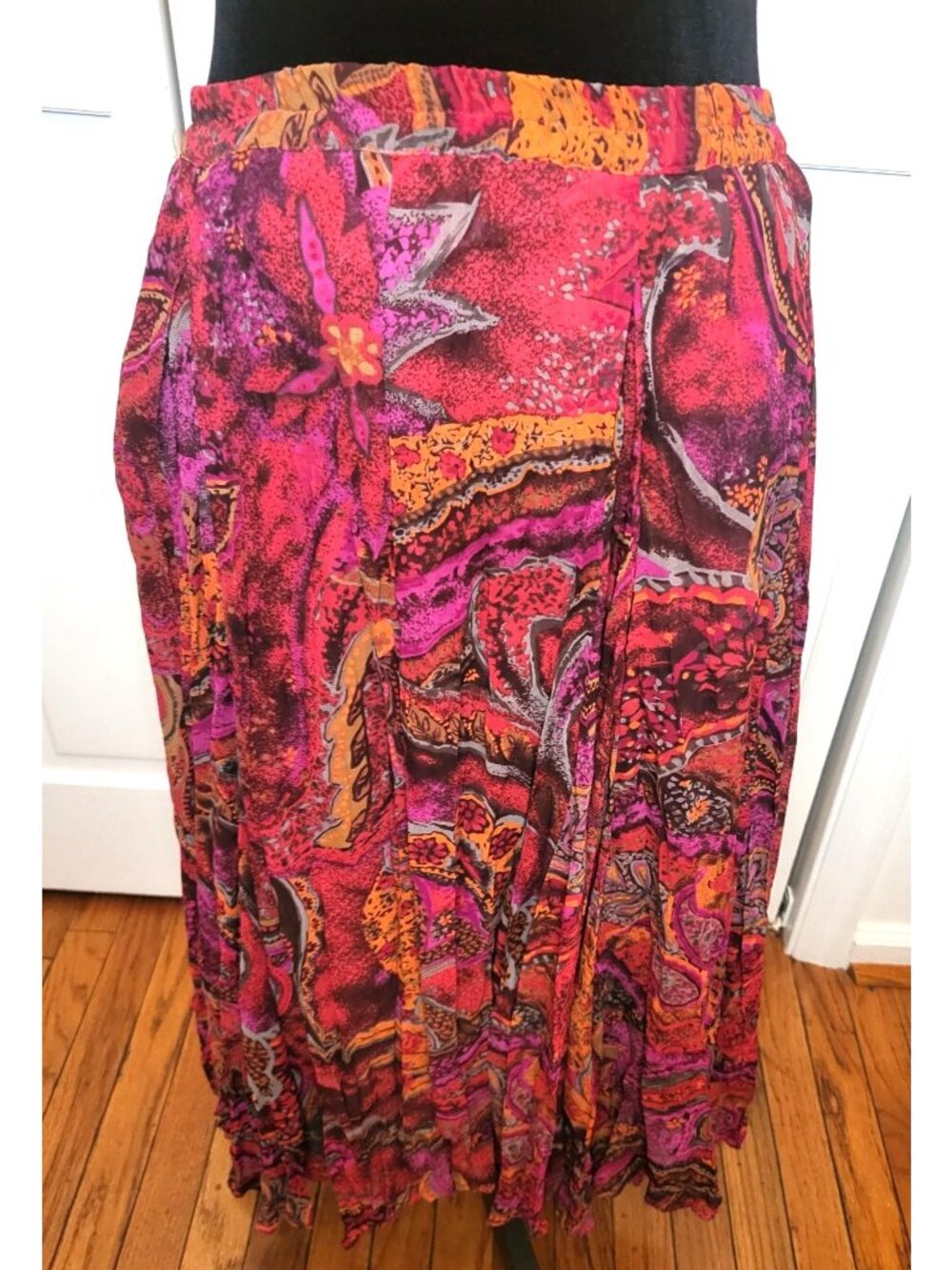 Coldwater Creek Fuchsia Pink Orange Floral Midi Full Skirt L Boho Artsy Indie